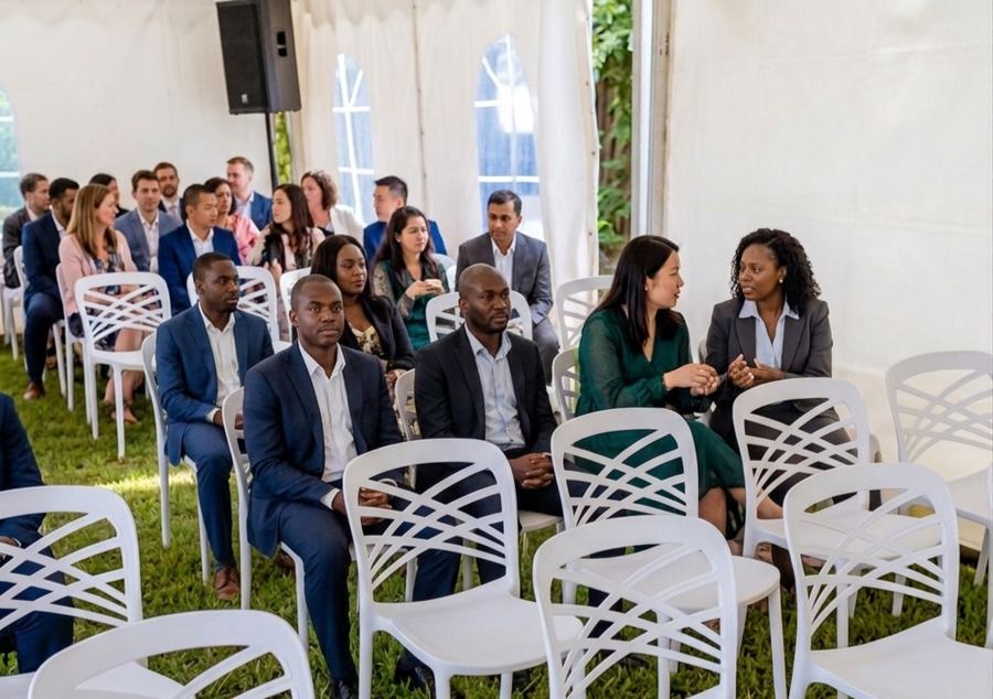 Public assis lors d'un événement professionnel sous chapiteau