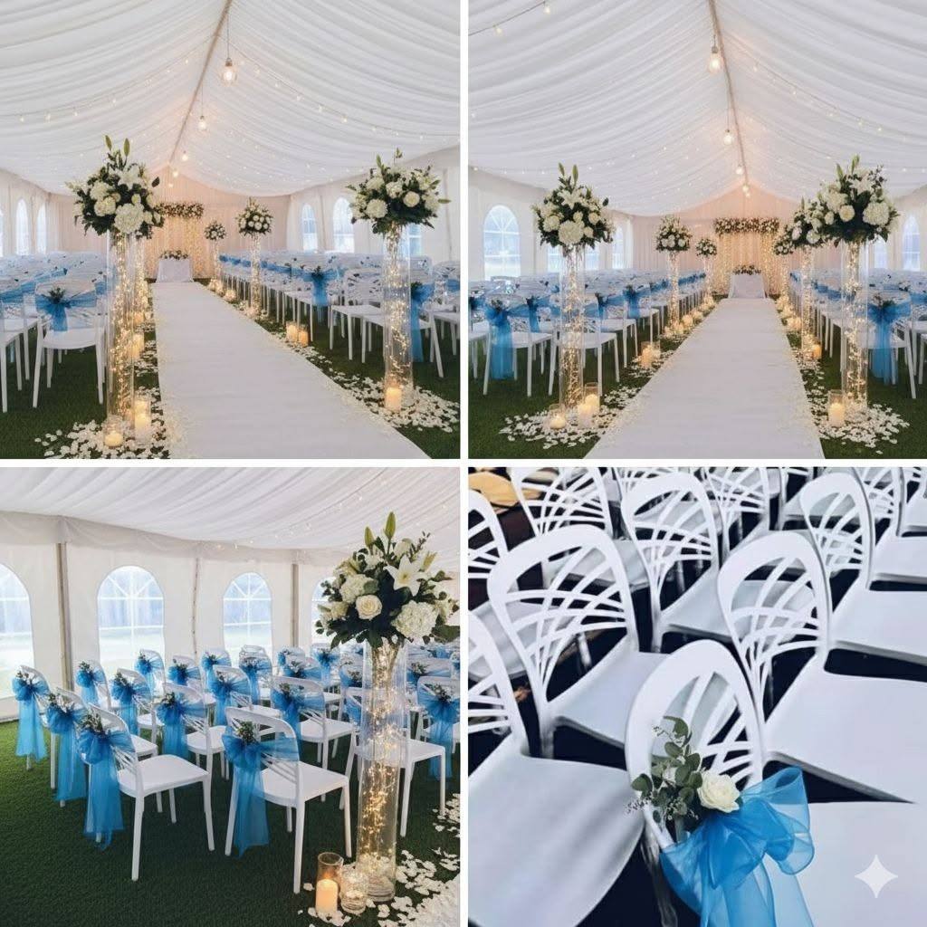 Table de mariage blanc et or, logo Mina Events