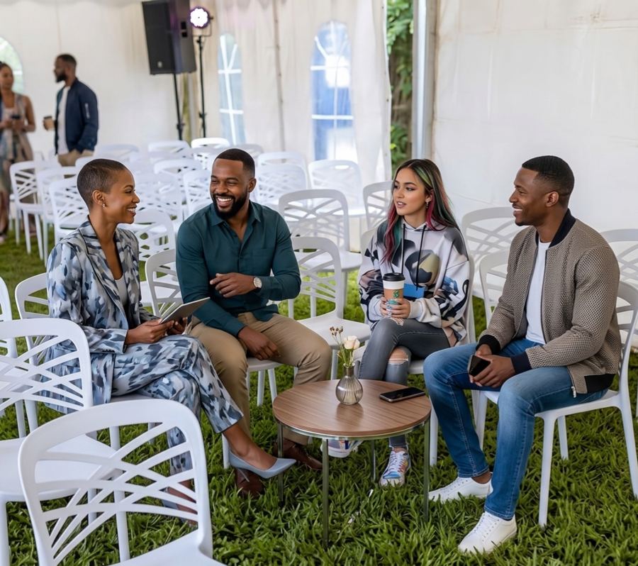Invités installés sous chapiteau, mobilier blanc