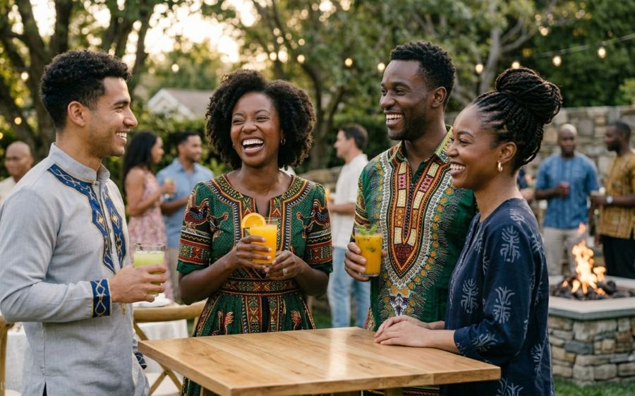 Cocktail convivial en extérieur autour d'une table en bois